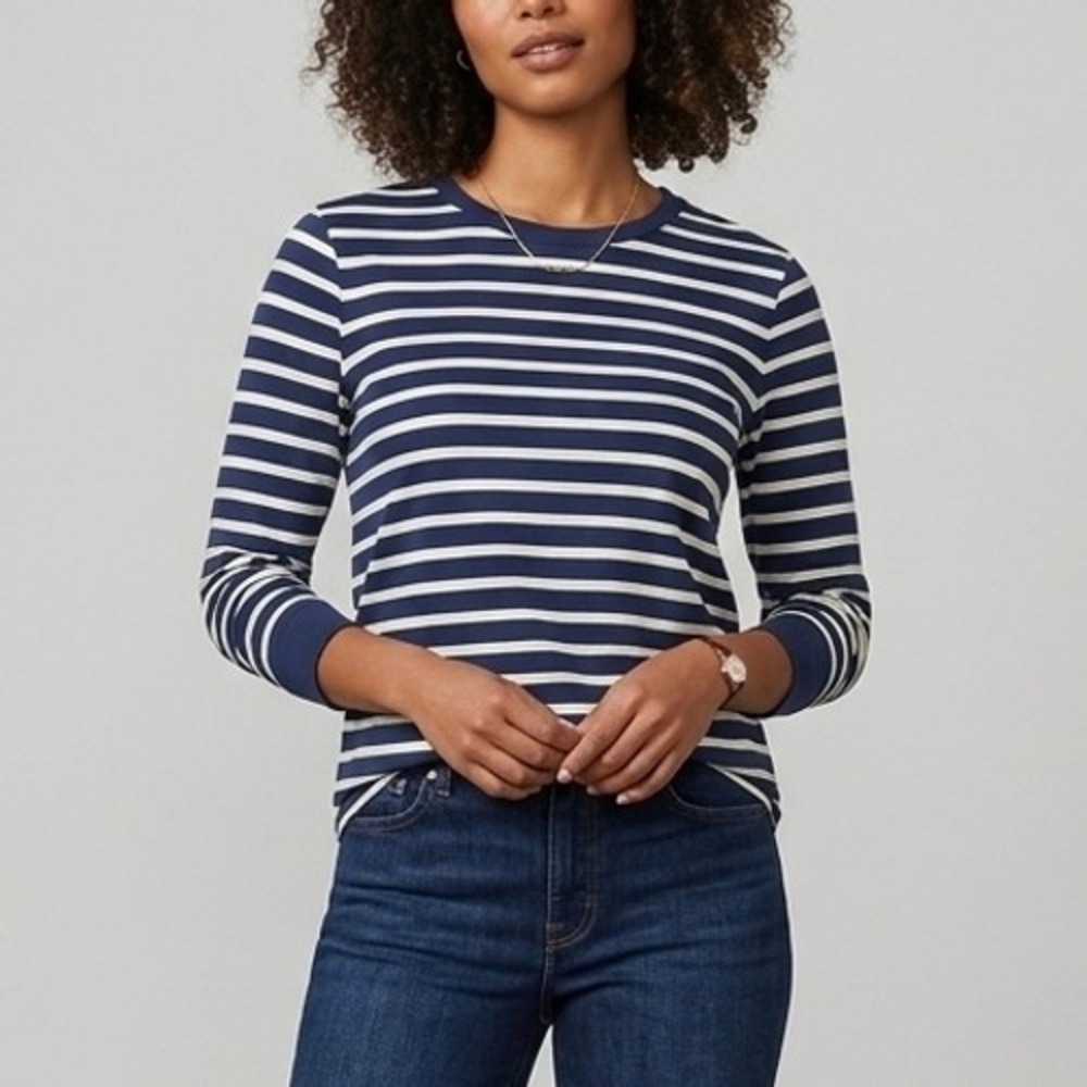 J.Crew Striped Pima Cotton Long Sleeve T-Shirt Navy Cream CD519 Size Large